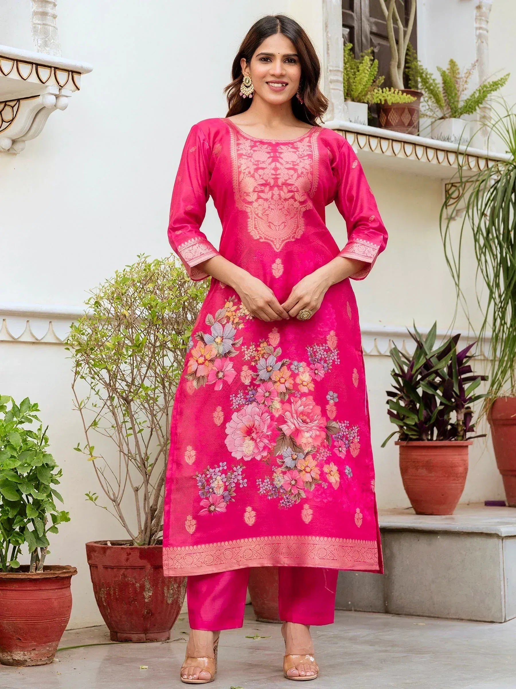 Pink floral printed ethnic kurta with matching pants, perfect for Indian occasions and festive wear.