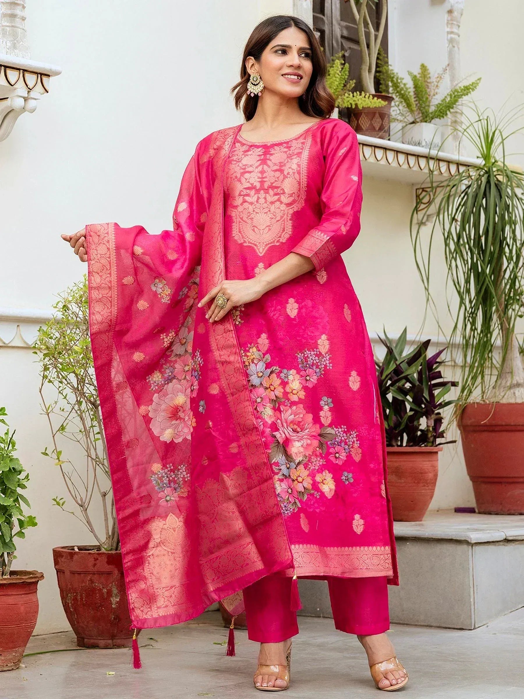 Pink floral printed salwar kameez with embroidered dupatta, ethnic Indian wear for women