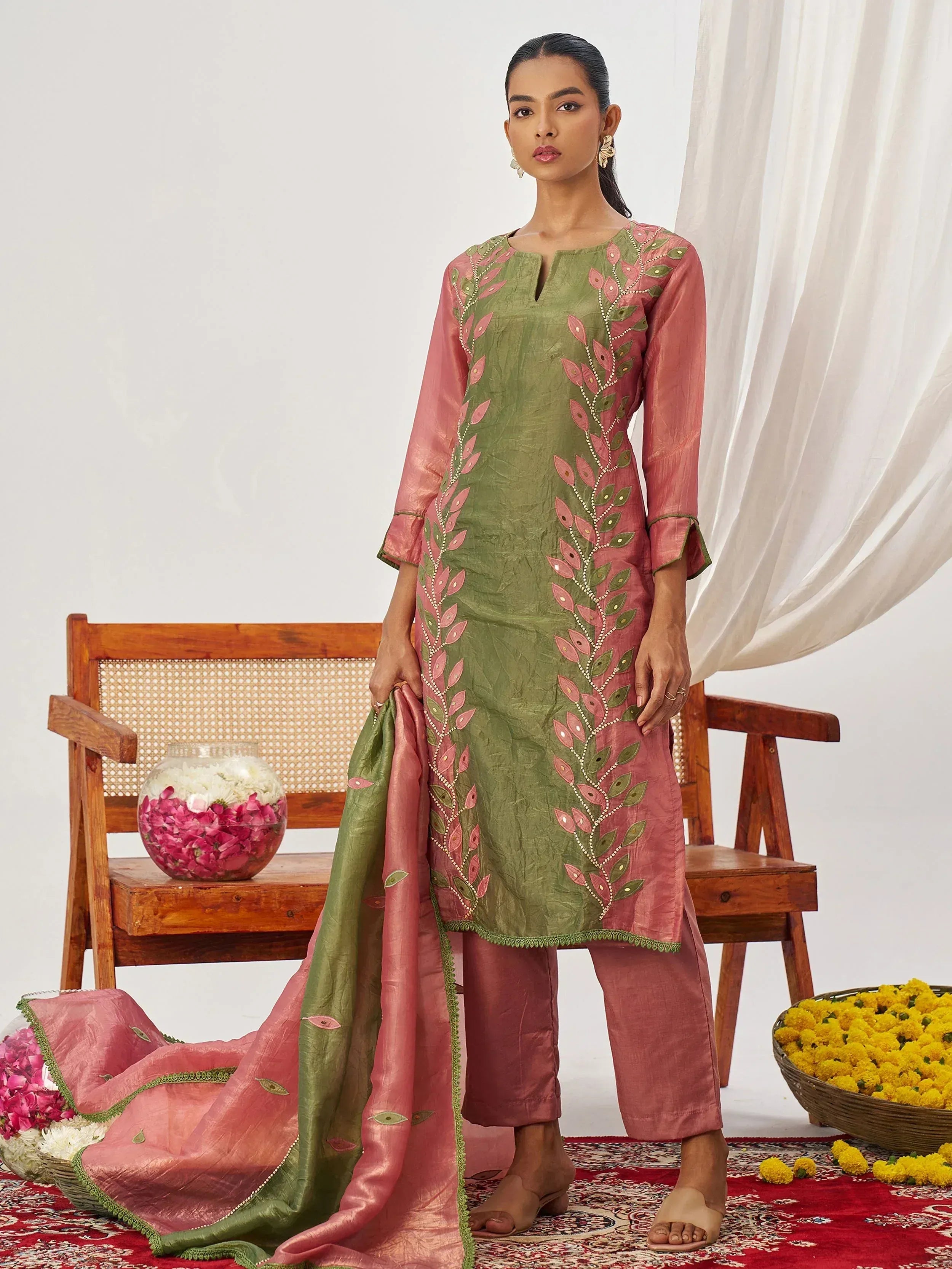Green and pink embroidered salwar kameez with floral dupatta, ethnic wear for women