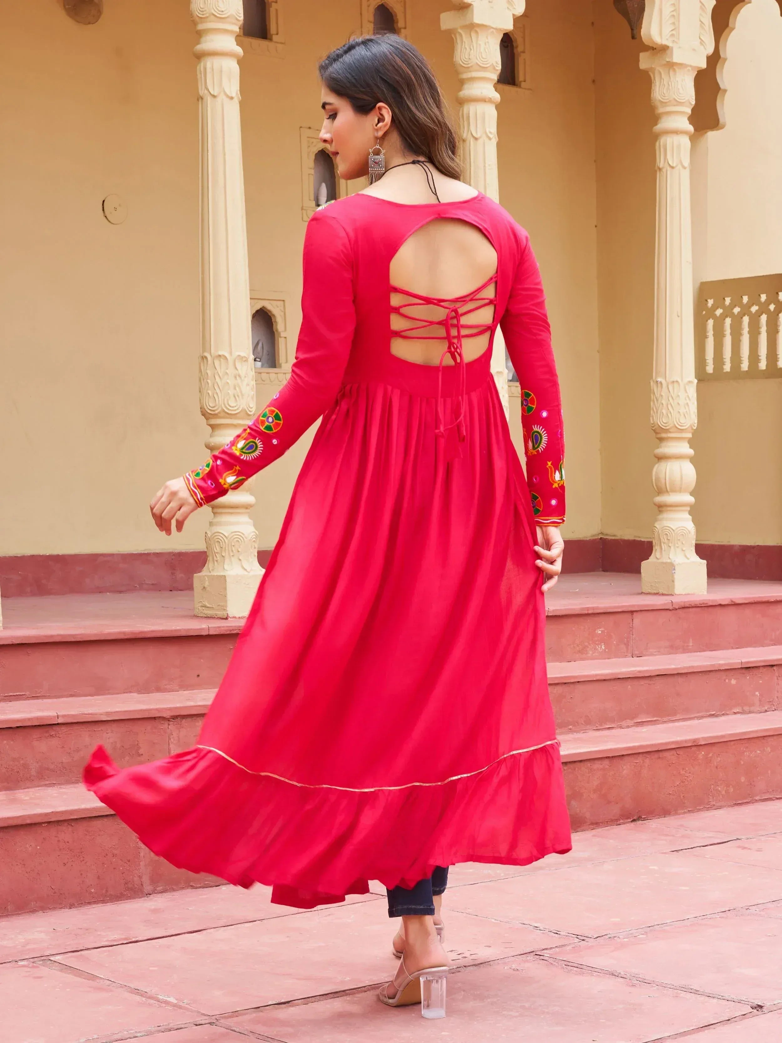 Red ethnic gown with back lace-up design and embroidered sleeves