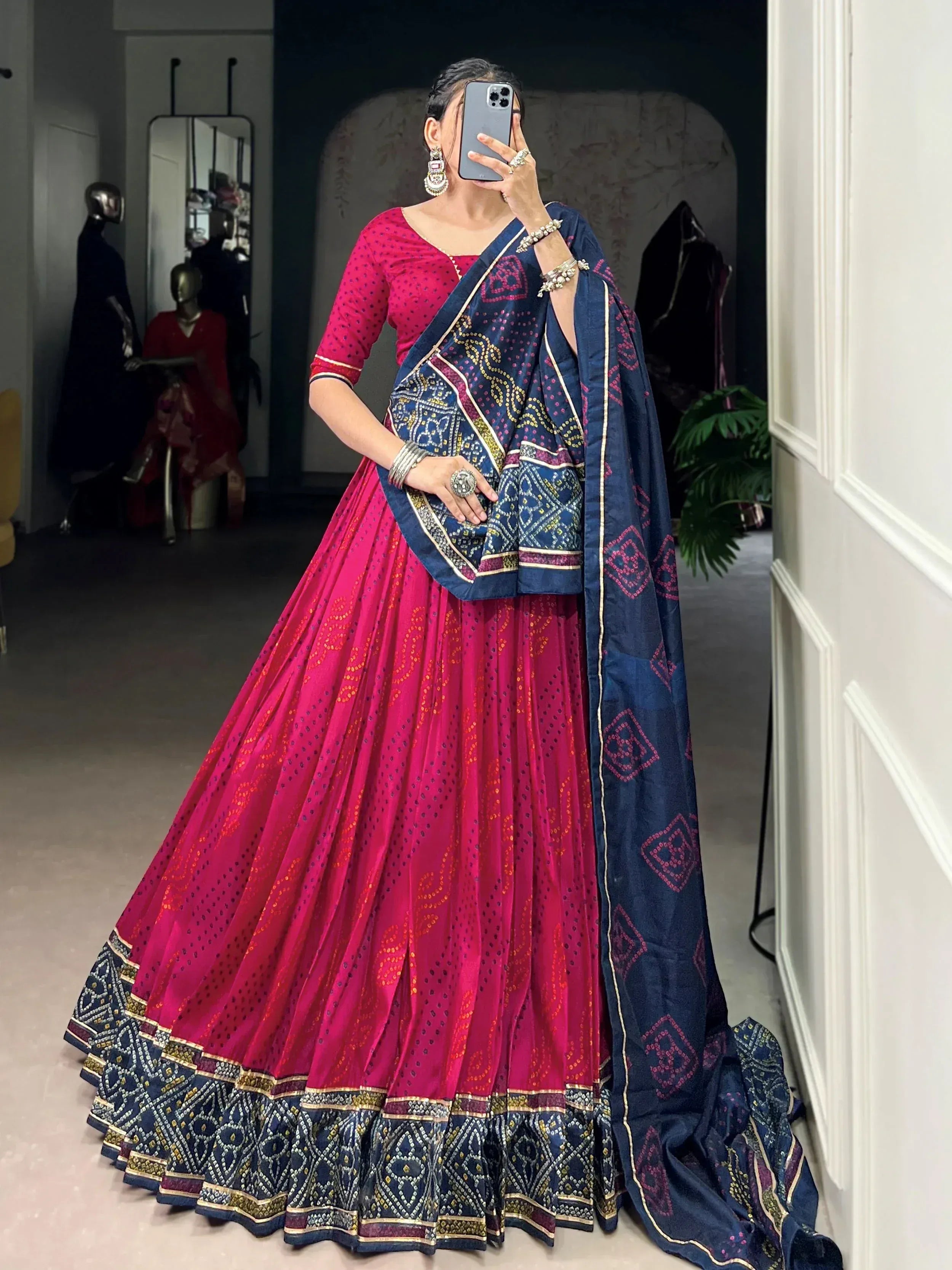 Pink and navy blue printed lehenga choli with dupatta, ethnic Indian wear for women