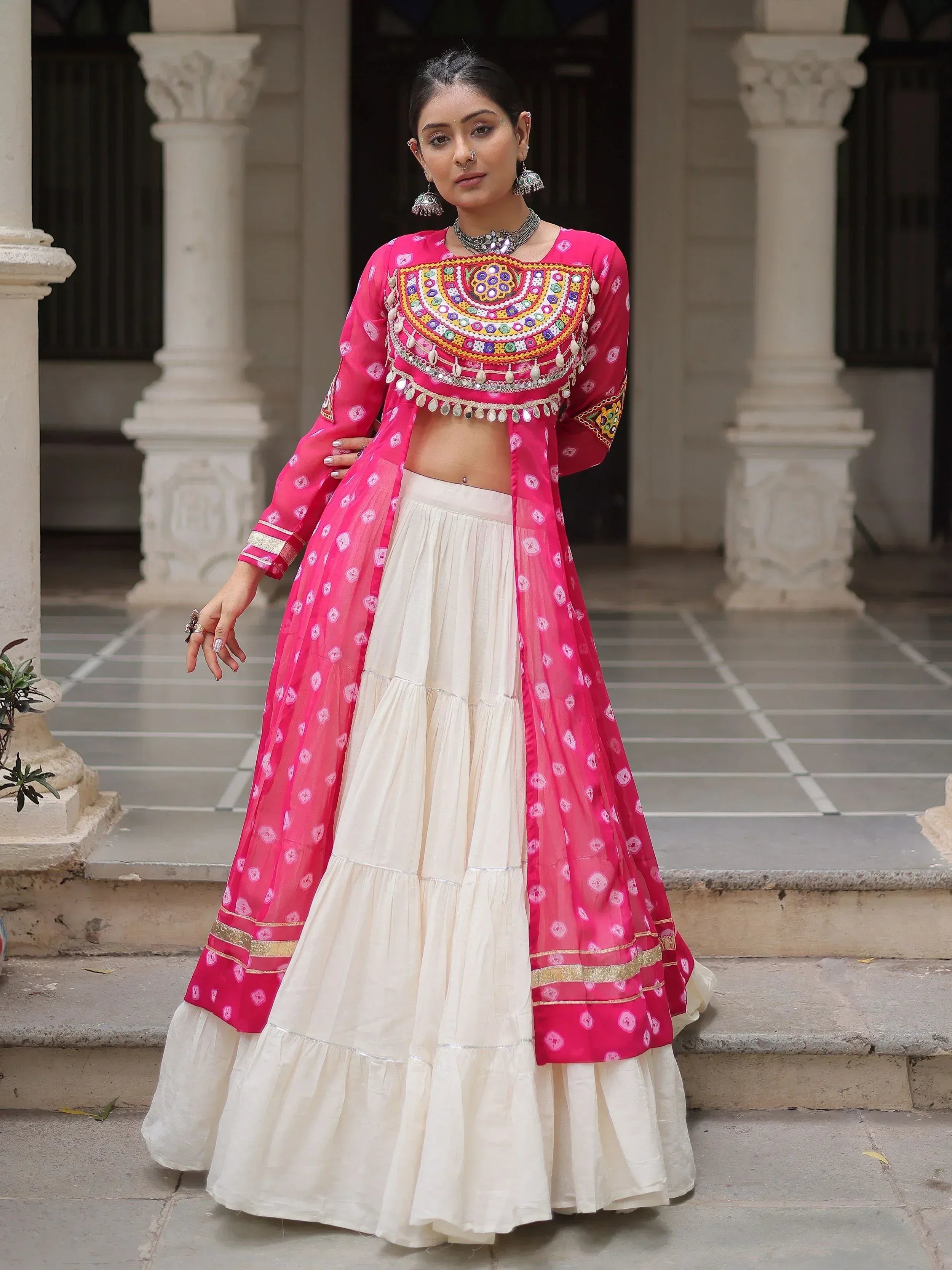 Pink embroidered crop top with white tiered skirt, Indian ethnic wear for women
