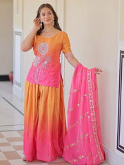 Feminine Pink Beads Embroidered Chinon Ombre Palazzo Suit