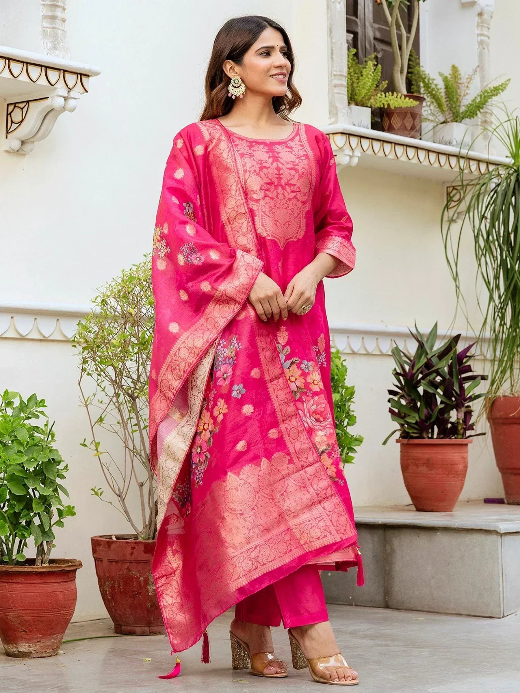 Pink floral printed ethnic kurta with matching dupatta and pants, perfect for Indian festive occasions