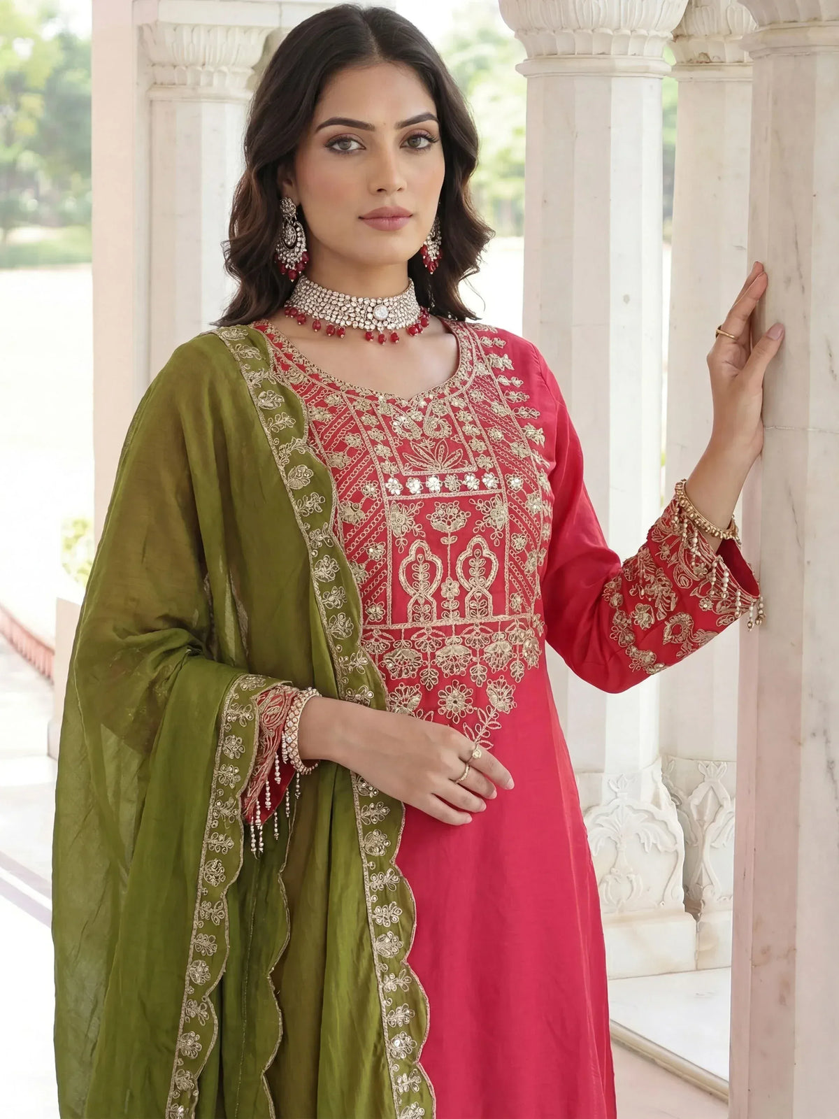 Red embroidered kurta with green dupatta, Indian ethnic wear for women