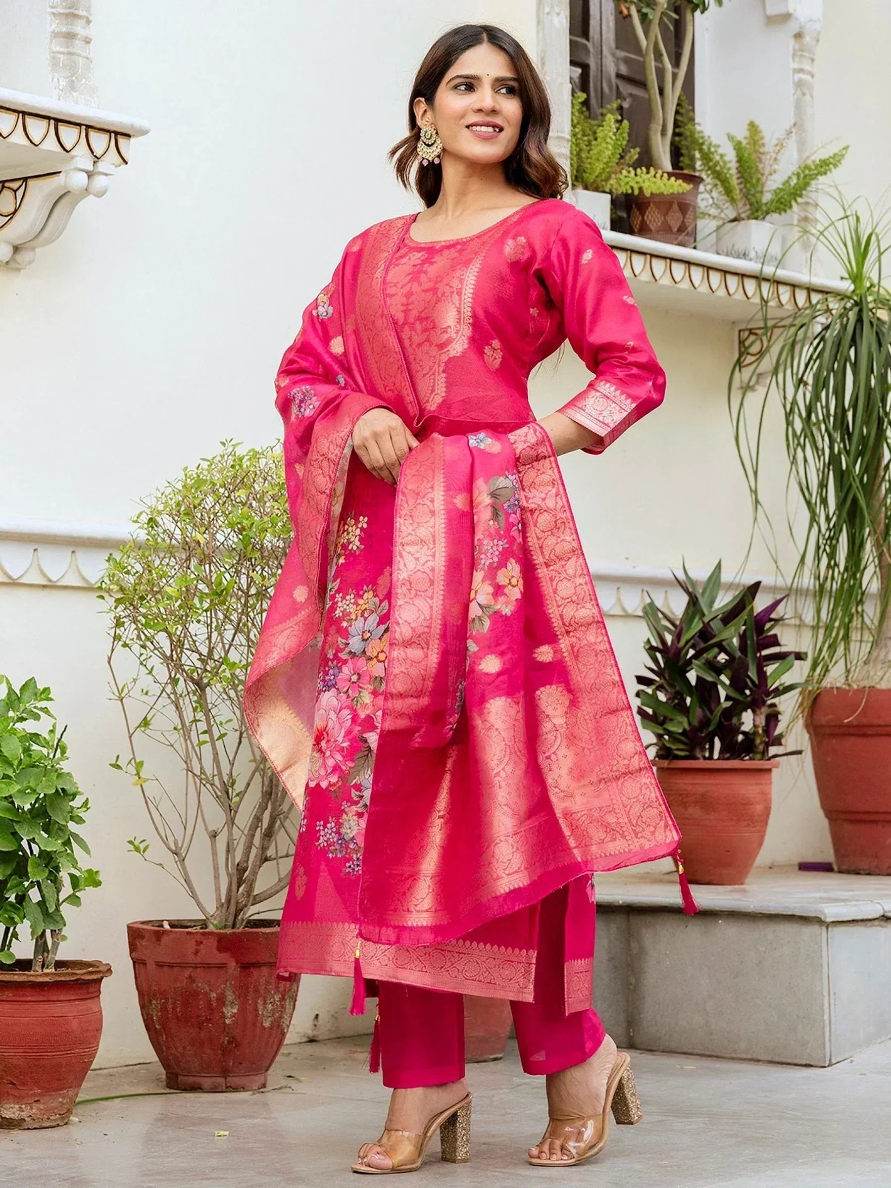 Pink floral printed salwar kameez with embroidered dupatta, Indian ethnic wear for women