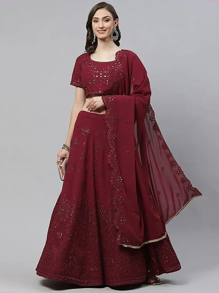 Maroon embroidered lehenga choli with sheer dupatta, Indian ethnic wear for women