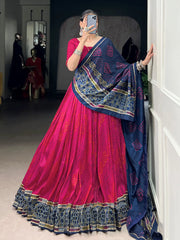 Magnetic Pink Silk Bandhani Printed Lehenga Choli With Dupatta