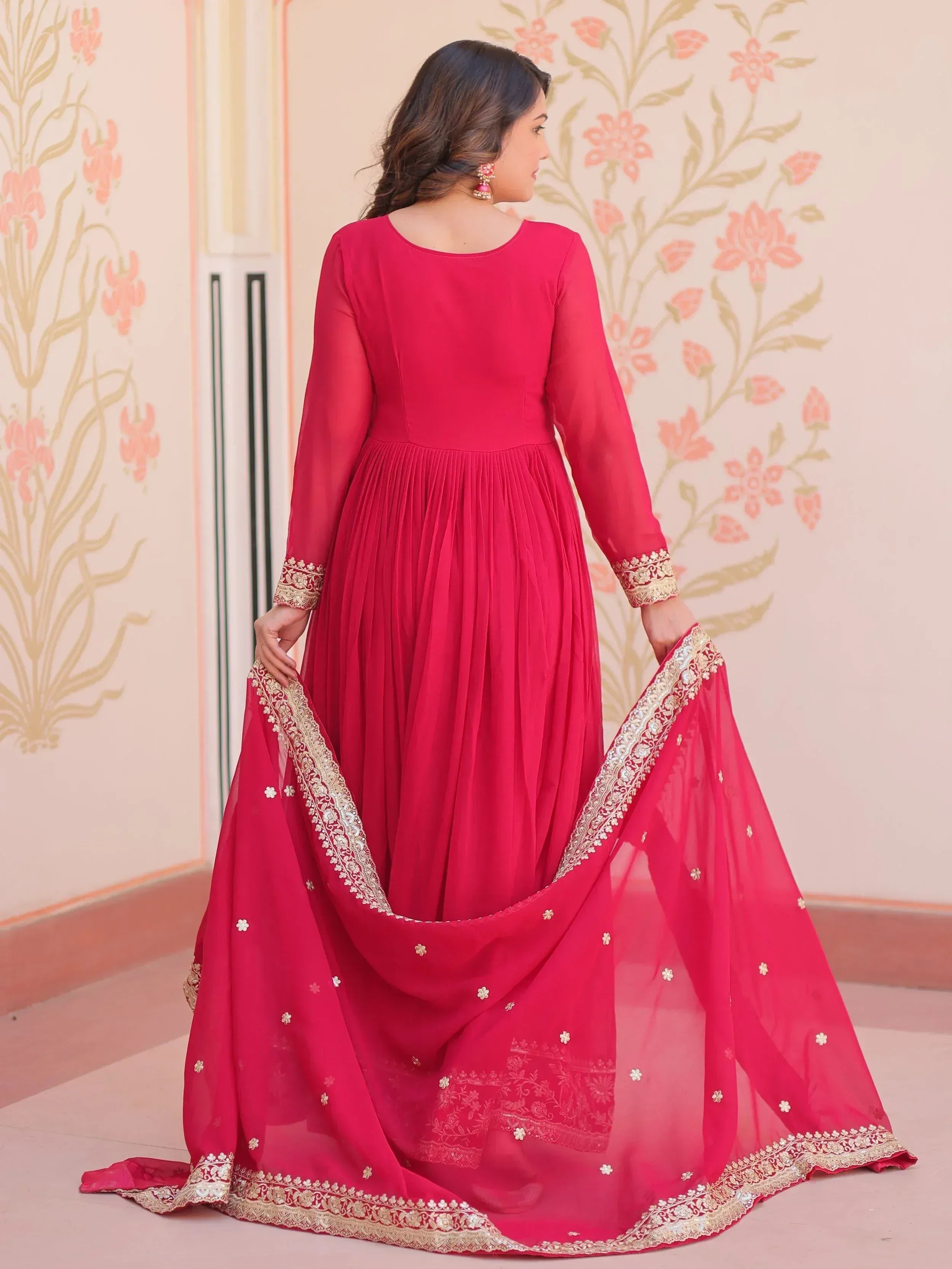 Pink ethnic anarkali gown with gold embroidery and dupatta, Indian designer wear