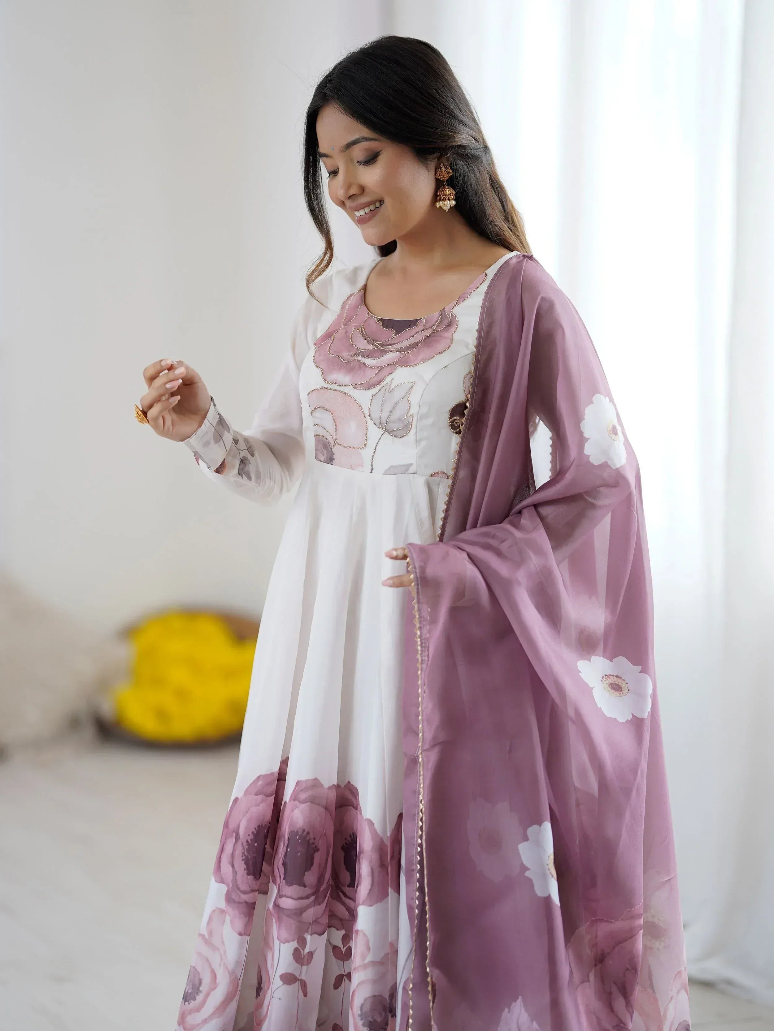 White floral anarkali with mauve dupatta, ethnic Indian wear for women