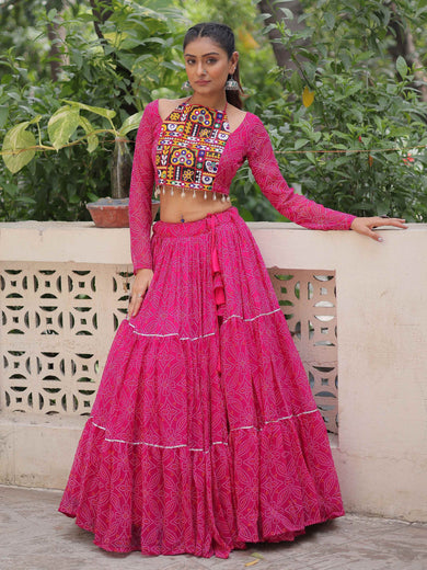 Charming Pink Georgette Gota Patti Work Crop Top Lehenga