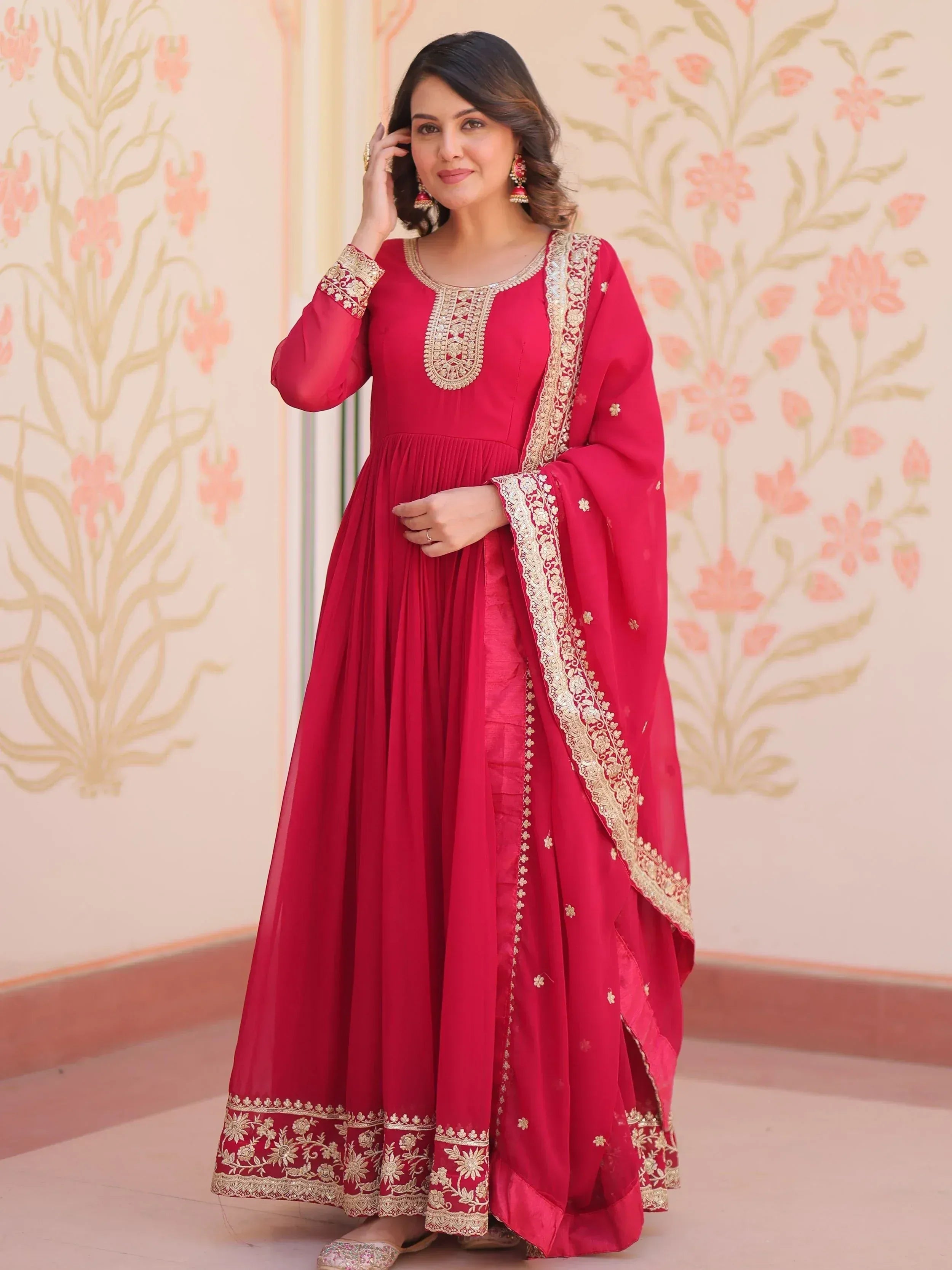 Red embroidered anarkali suit with gold detailing, perfect for Indian ethnic wear occasions