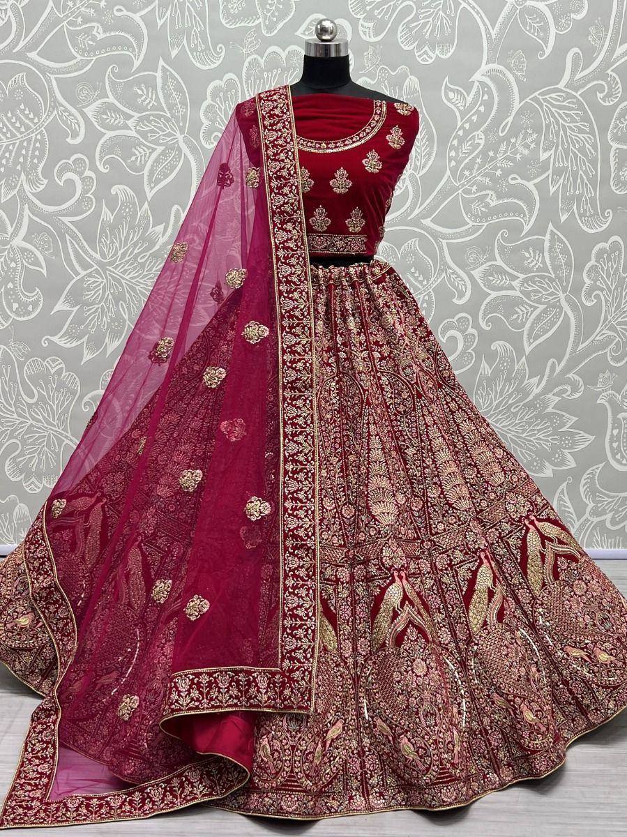 Maroon velvet lehenga choli with gold embroidery and sheer dupatta, Indian ethnic wear