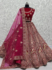 Fascinating Rani Pink Dori Embroidery Velvet Bridal Wear Lehenga Choli