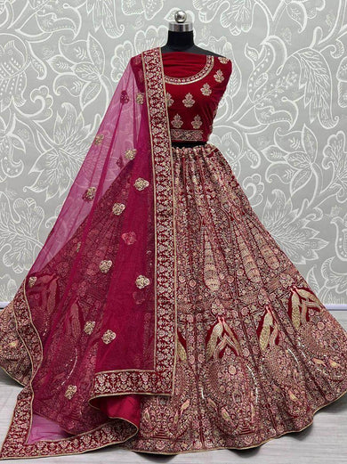 Fascinating Rani Pink Dori Embroidery Velvet Bridal Wear Lehenga Choli