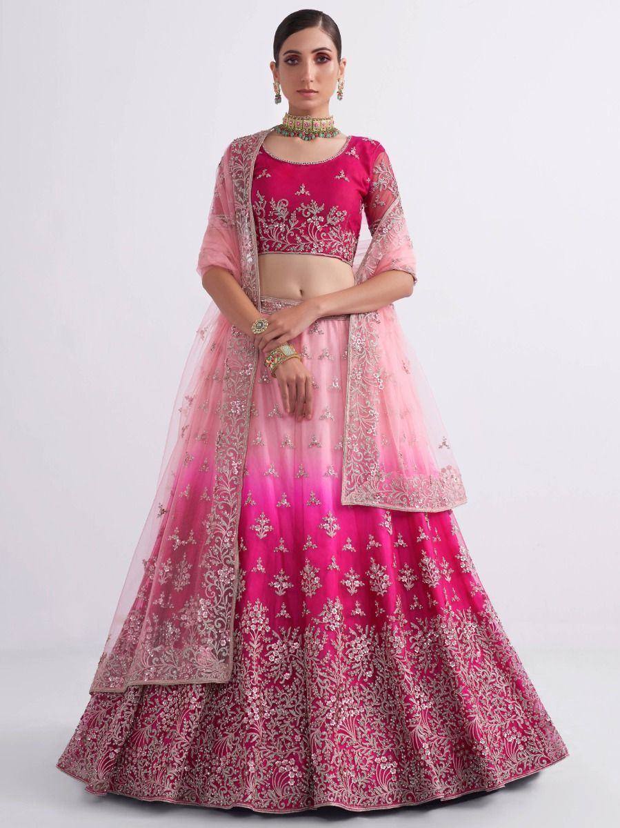 Pink ombre lehenga choli with silver embroidery, perfect for Indian weddings and festive occasions