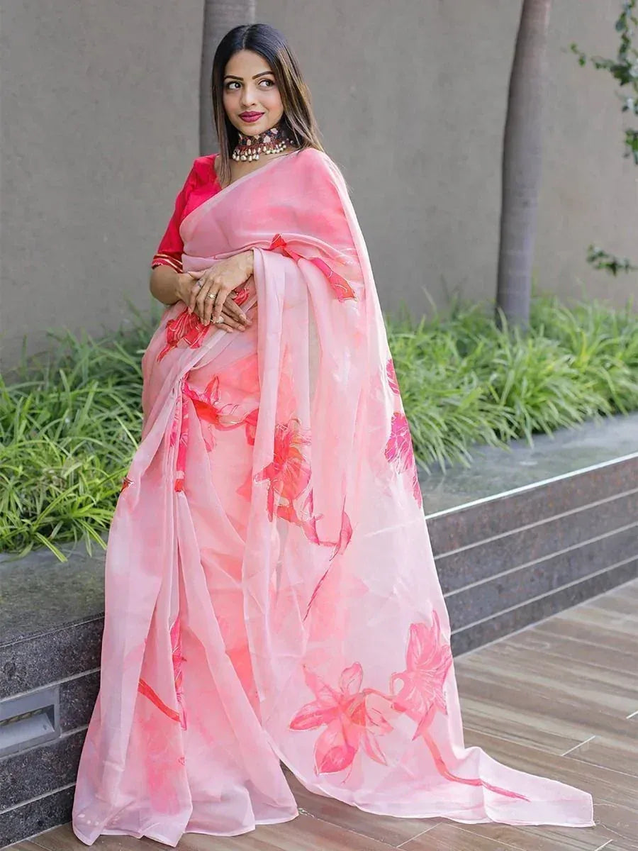 Pretty Pink Floral Printed Organza Party Wear Saree With Blouse