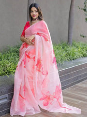 Pretty Pink Floral Printed Organza Party Wear Saree With Blouse