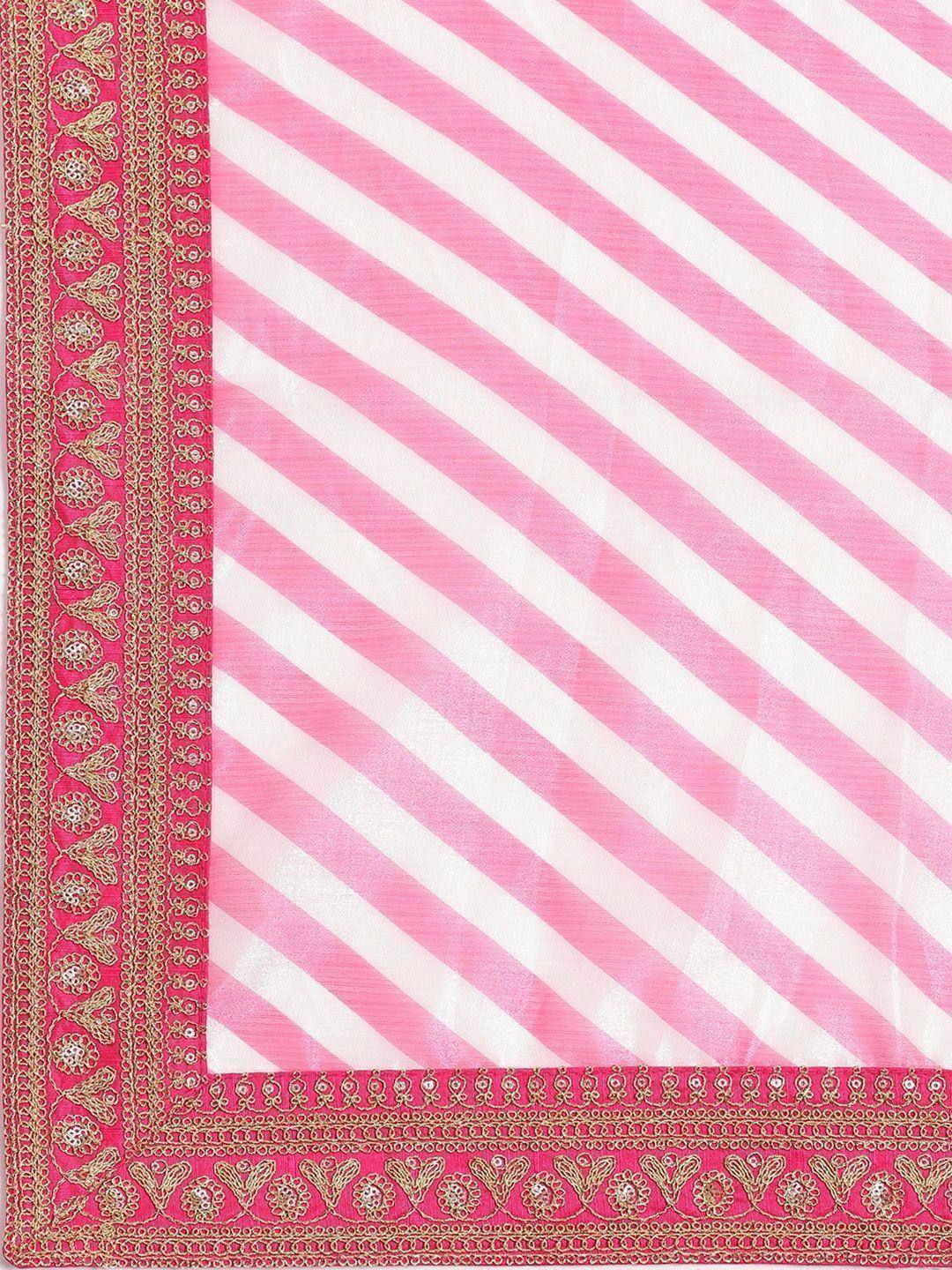 Pink and white striped ethnic saree with gold embroidered border