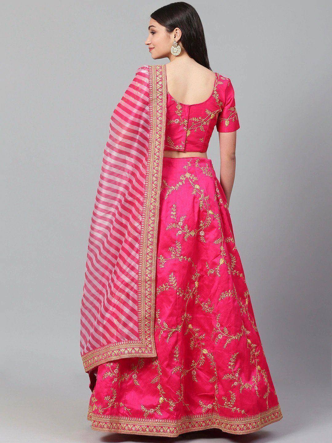 Pink embroidered lehenga choli with gold floral work and striped dupatta, Indian ethnic wear
