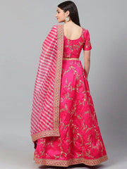 Pink & Golden Semi-Stitched Myntra Lehenga & Unstitched Blouse with Dupatta