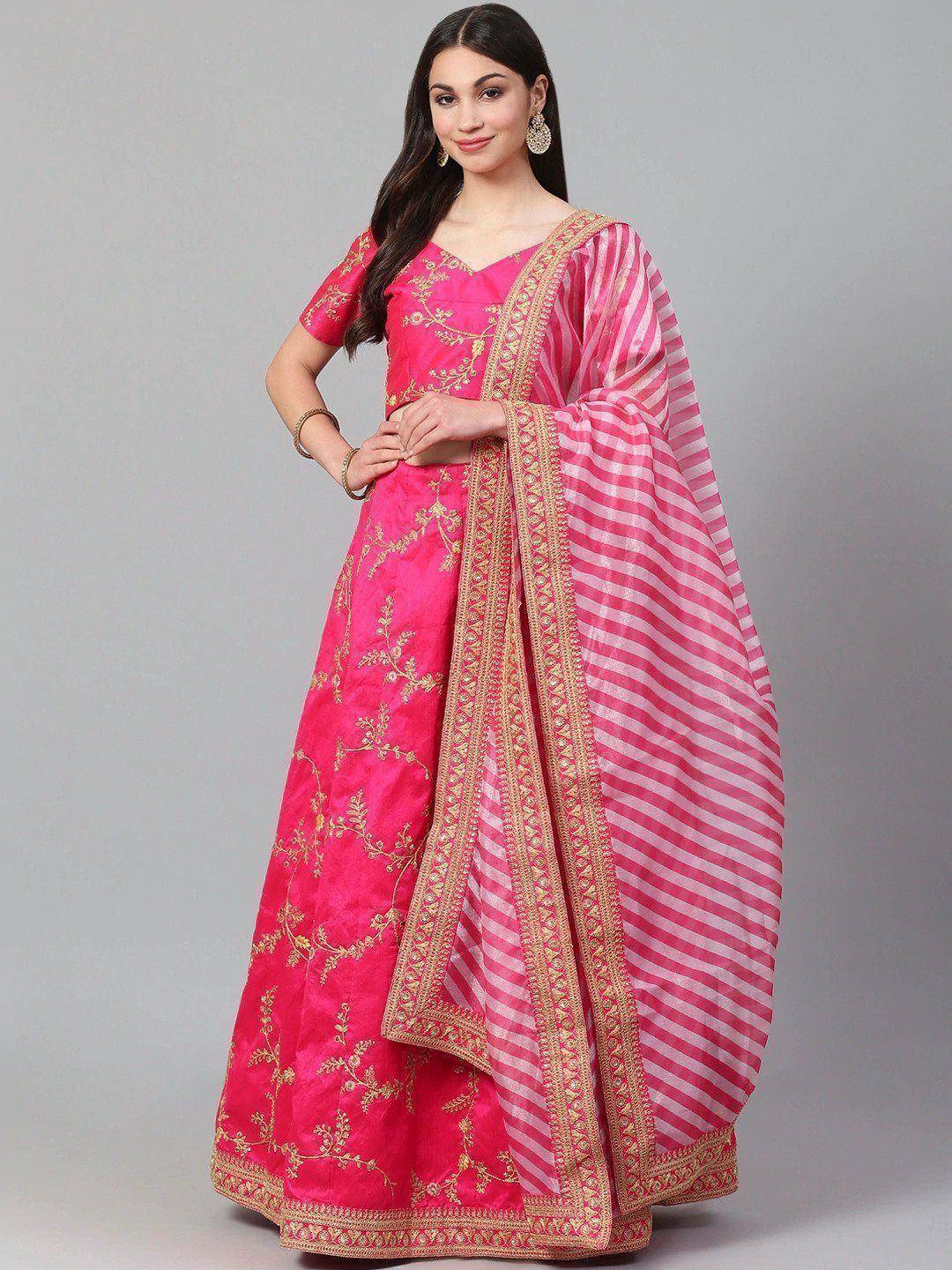 Pink embroidered lehenga choli with striped dupatta, Indian ethnic wear for weddings and festivals