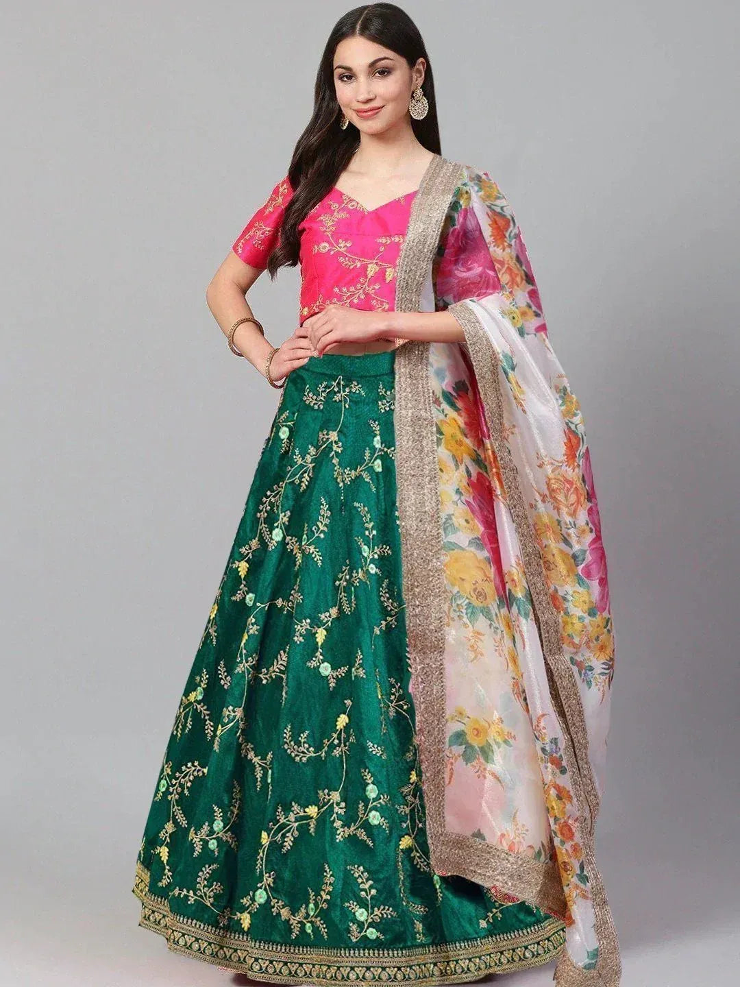 Pink embroidered blouse with green floral lehenga and floral dupatta, Indian ethnic wear