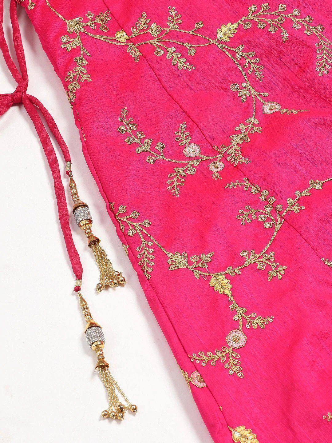 Pink ethnic wear with gold floral embroidery and tassel drawstrings