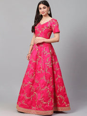 Pink & Golden Semi-Stitched Myntra Lehenga & Unstitched Blouse with Dupatta