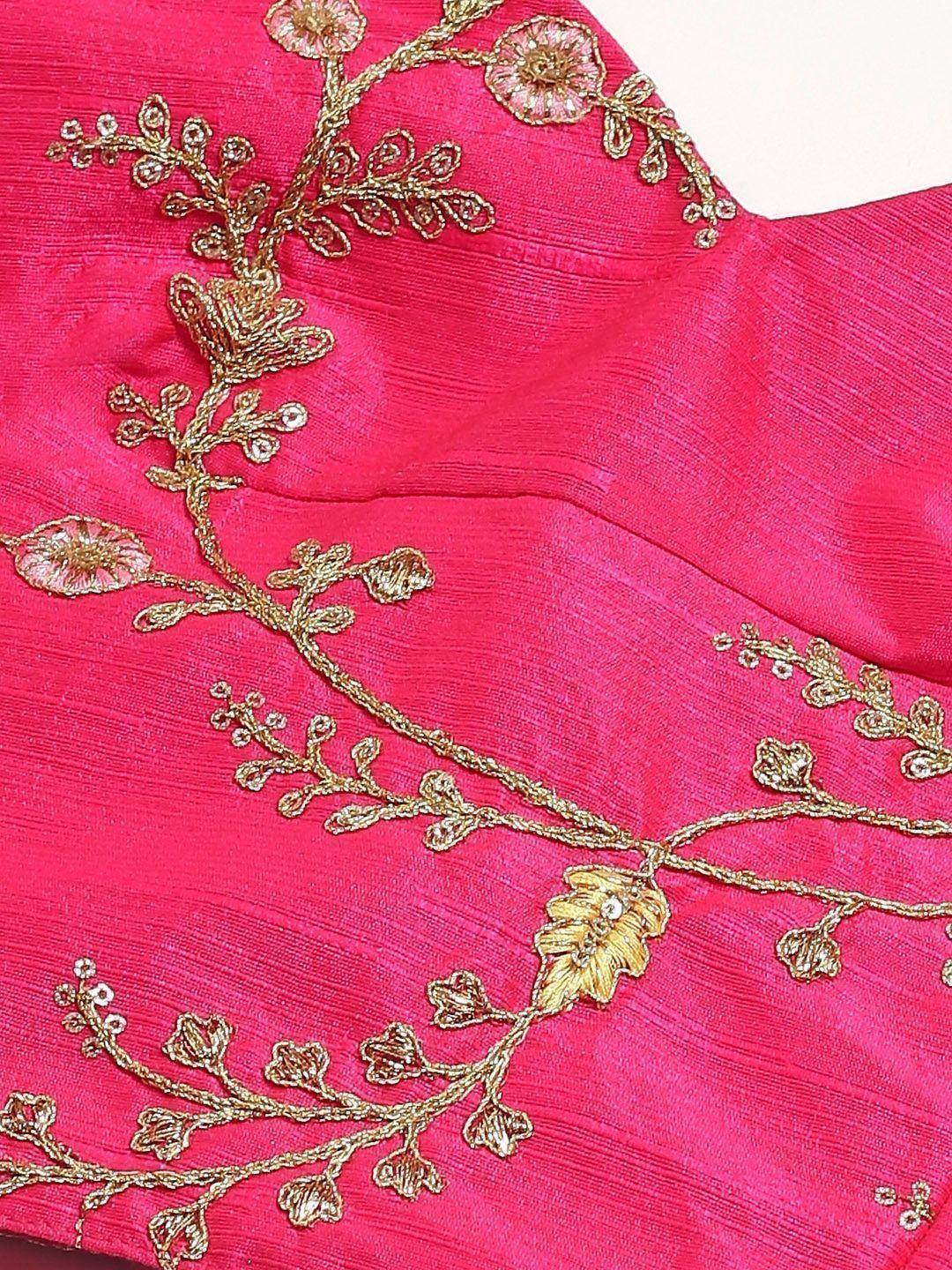 Pink ethnic blouse with gold floral embroidery, perfect for designer lehenga choli or saree sets