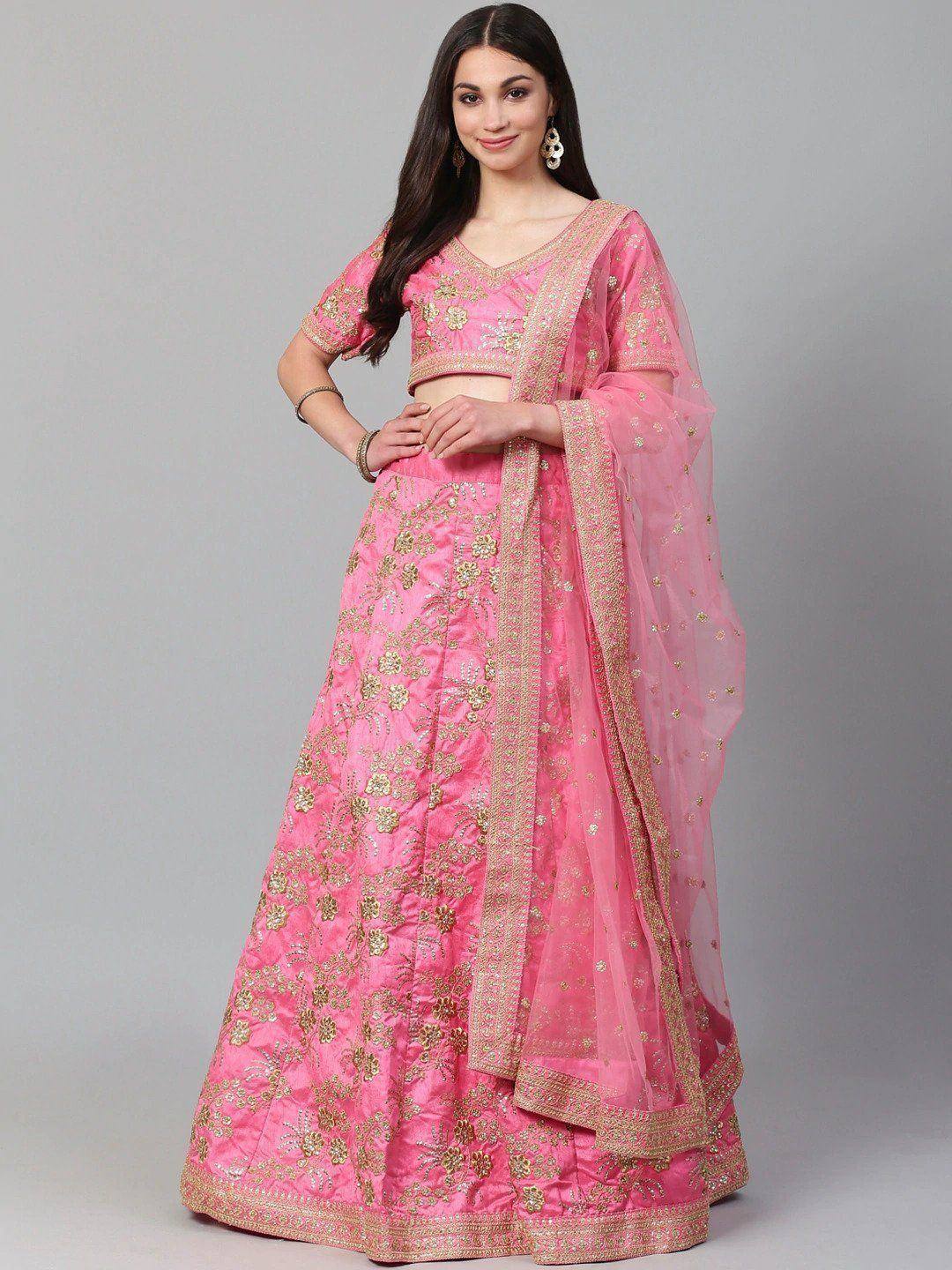 Pink embroidered lehenga choli with gold floral work and sheer dupatta, Indian ethnic wear