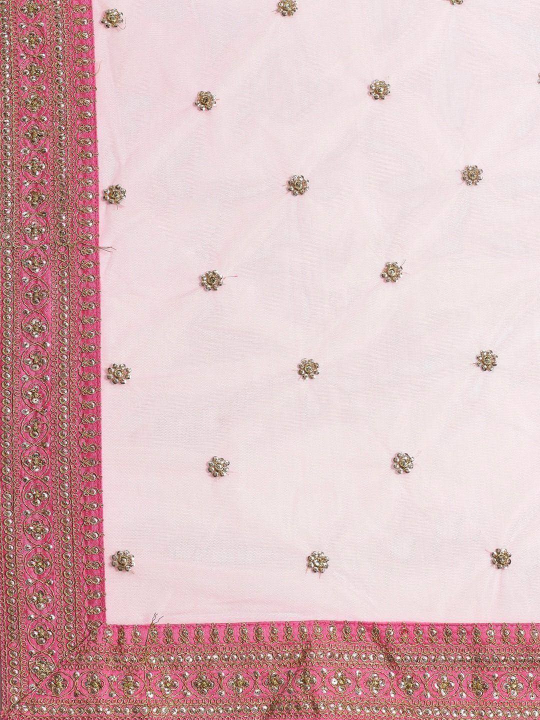 Pink ethnic dupatta with gold floral embroidery and detailed border for Indian wear