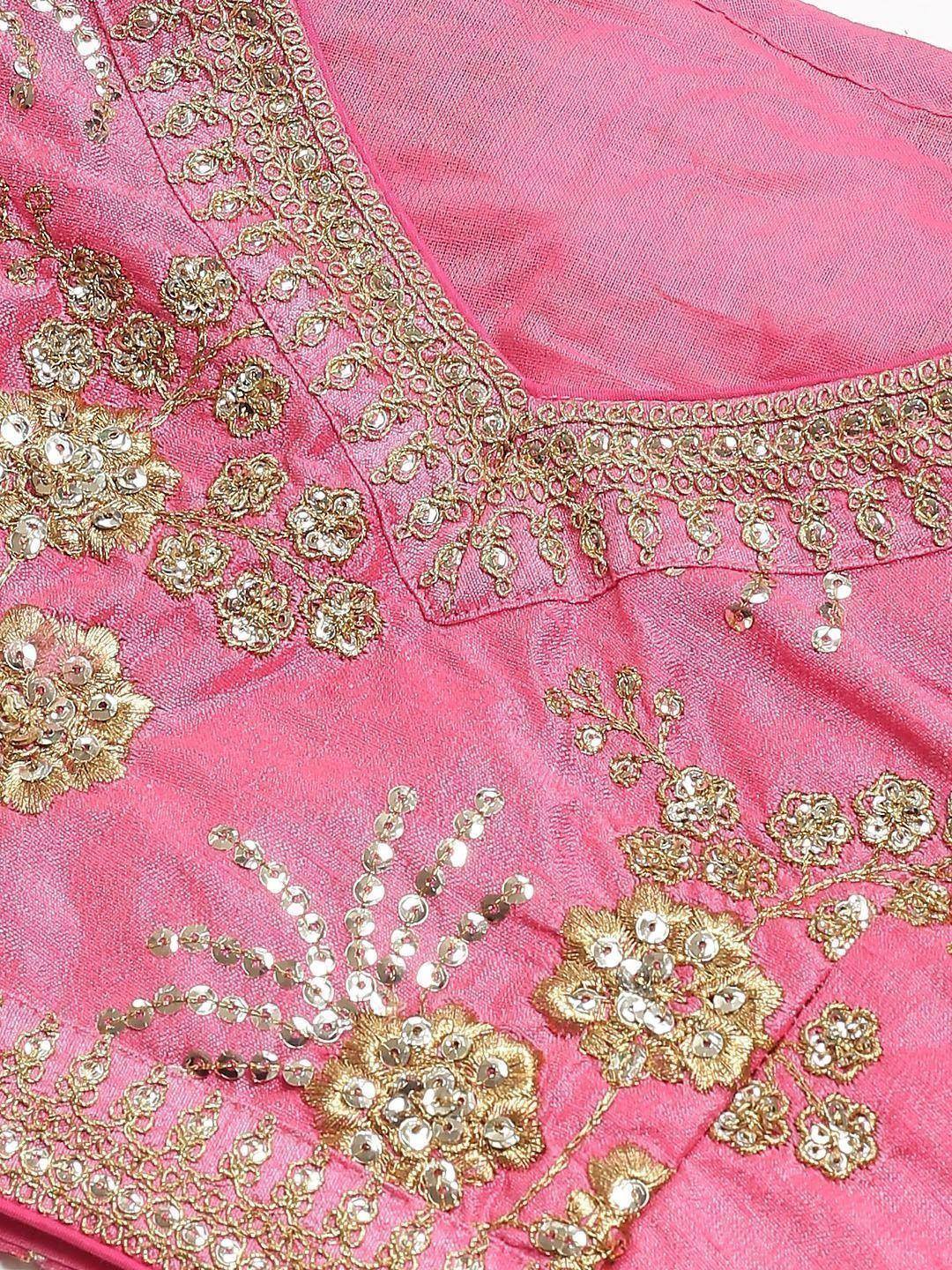 Pink ethnic blouse with gold floral embroidery and sequin detailing for Indian wear