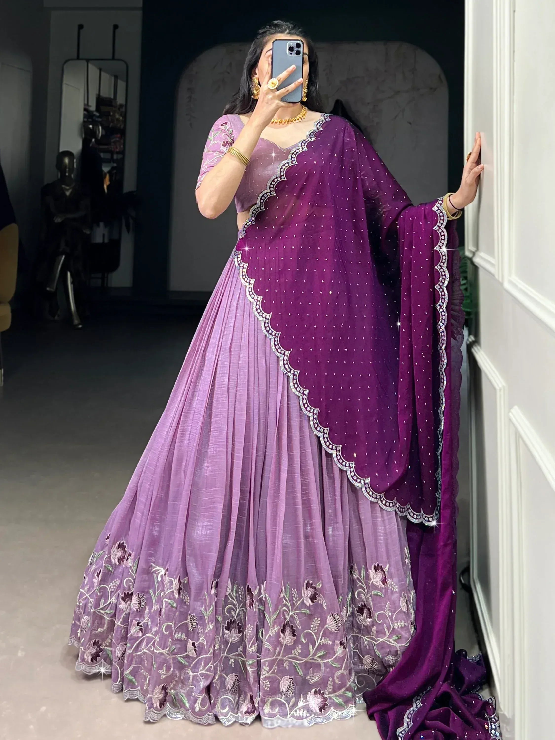 Purple designer lehenga choli with floral embroidery and sequin dupatta, ethnic Indian wear