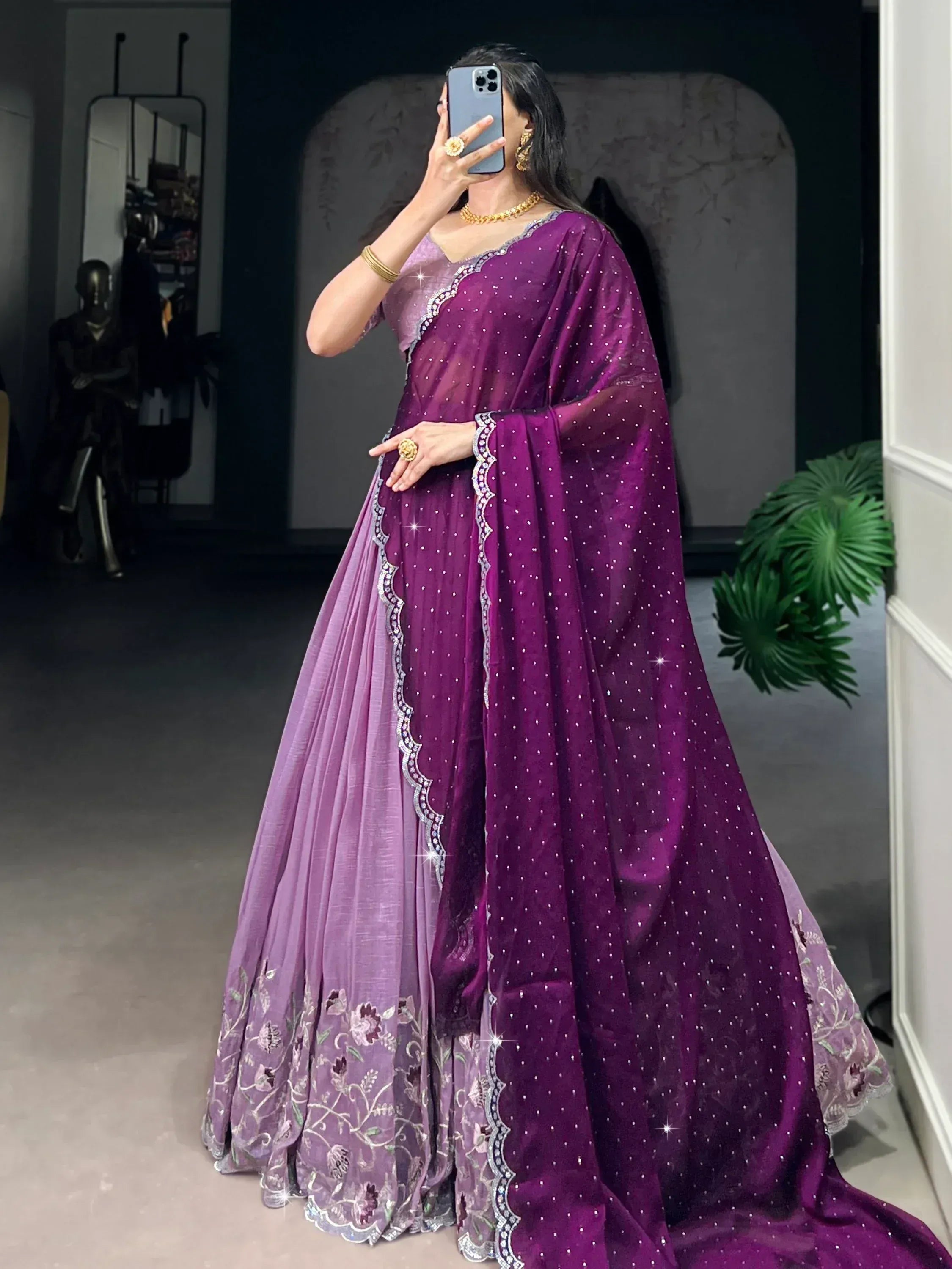 Purple designer lehenga choli with floral embroidery and sequin dupatta, perfect for Indian ethnic wear occasions