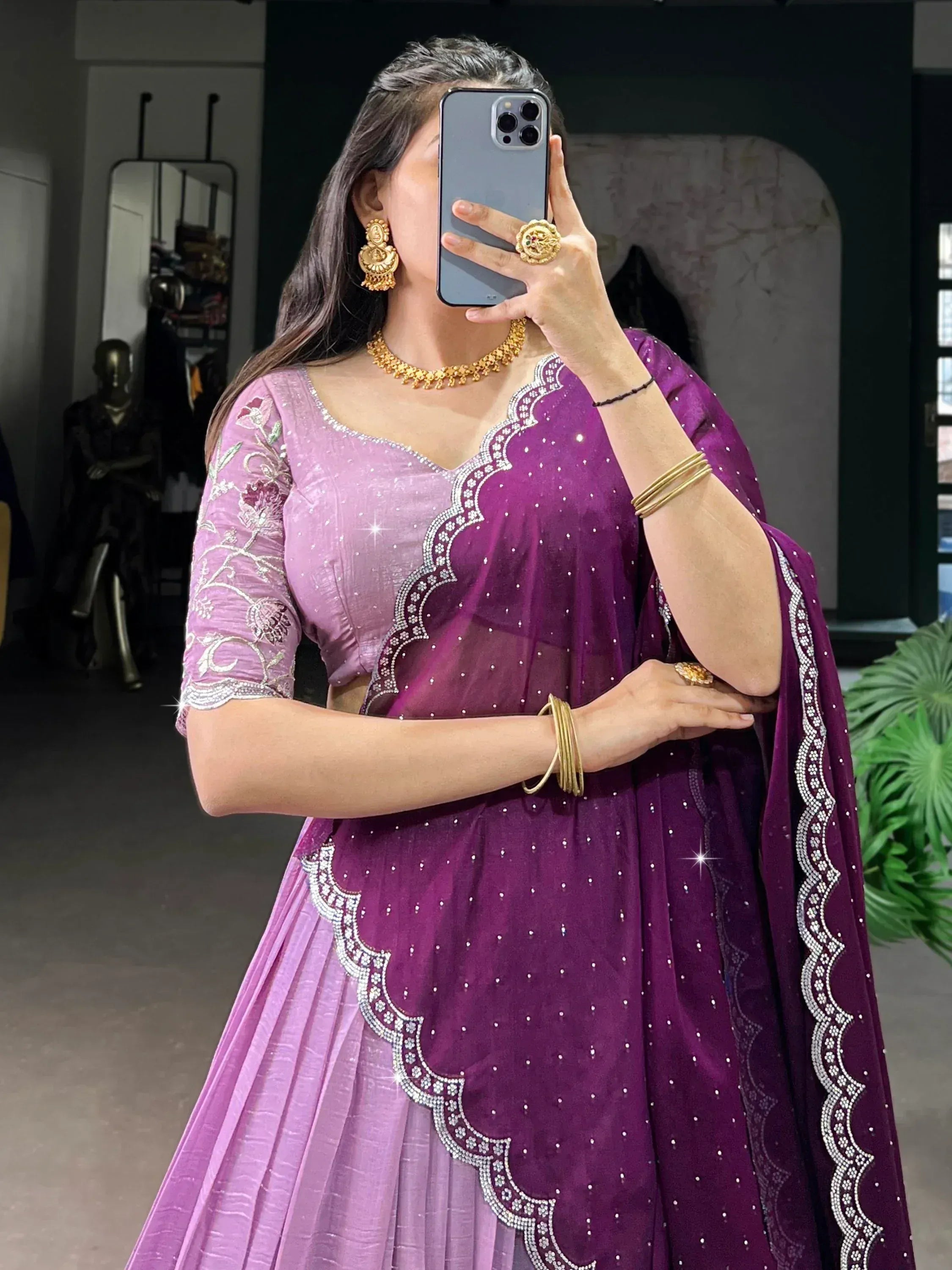 Purple and pink embroidered lehenga choli with sequin detailing, perfect for Indian ethnic wear occasions