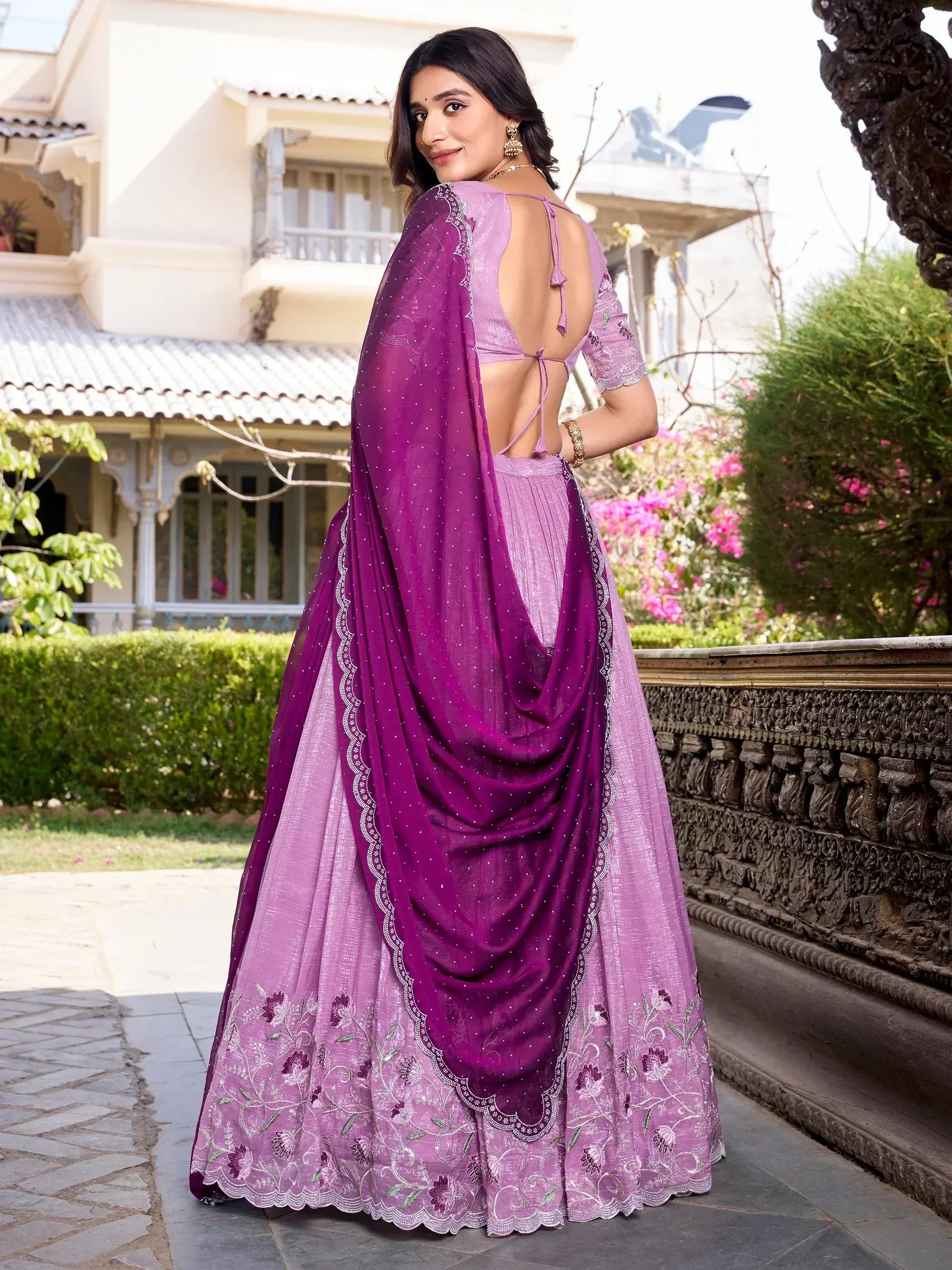Purple embroidered lehenga choli with open back blouse and dupatta, Indian ethnic wear