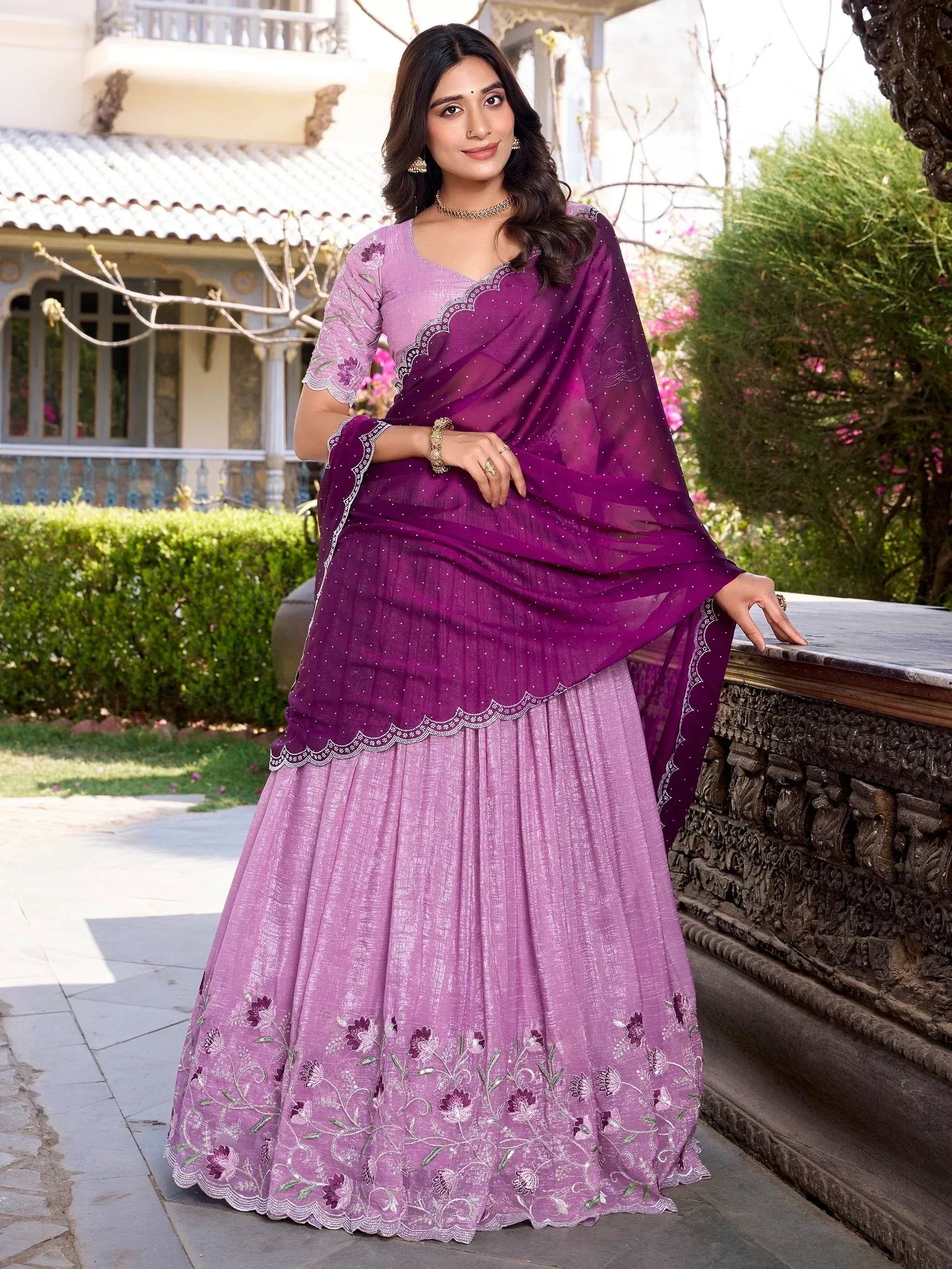 Purple embroidered lehenga choli with floral detailing, perfect for Indian ethnic wear occasions