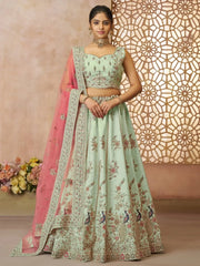 Pleasant Pista Green Sequins Silk Mehendi Wear Lehenga Choli With Dupatta - Ethnic Plus In