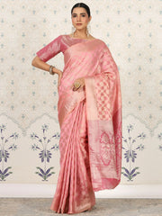 Beautiful Dusty Pink Zari Woven Organza Wedding Wear Saree With Blouse
