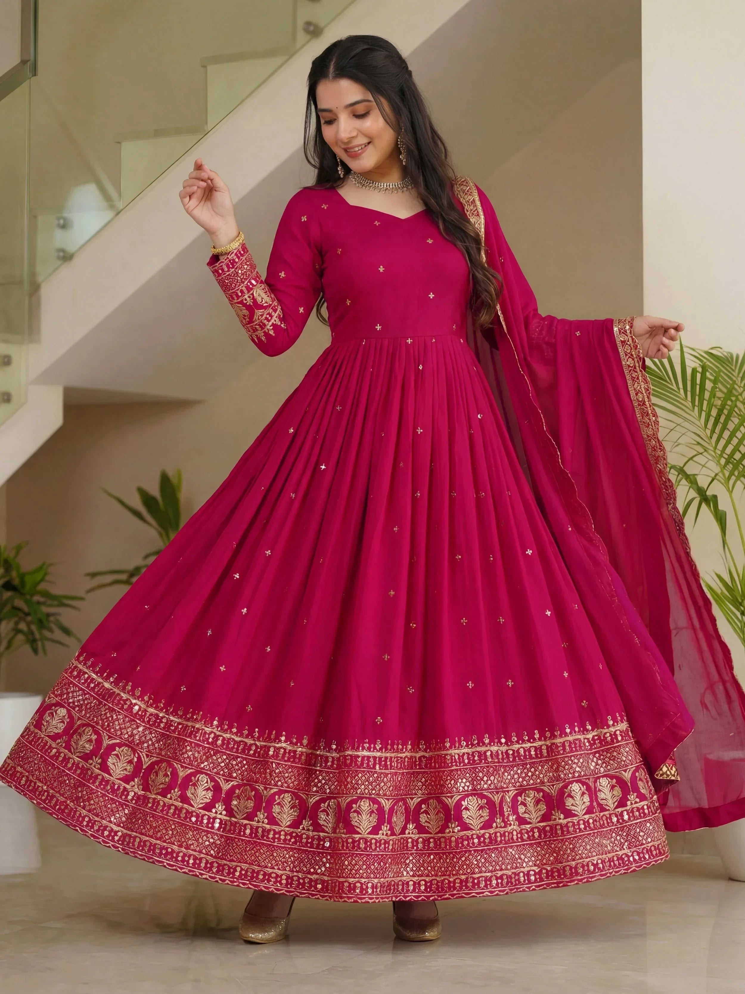 Impressive Pink Embroidered Silk Festive Wear Gown With Dupatta