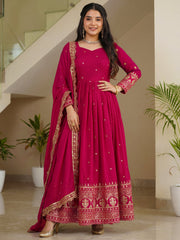 Impressive Pink Embroidered Silk Festive Wear Gown With Dupatta