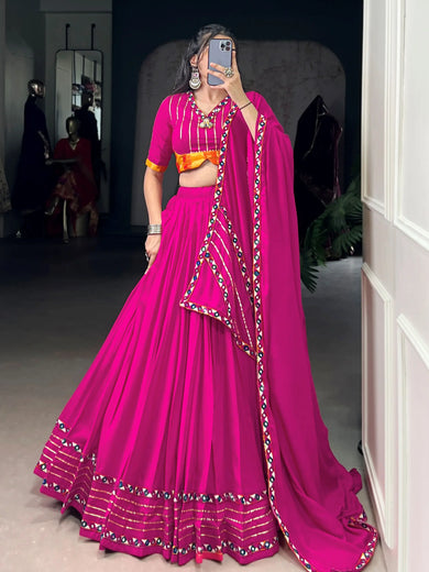 Dazzling Pink Rayon Gamthi Work Lehenga Choli With Dupatta
