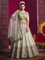 Precious Cream Color Embroidered Silk Bridesmaid Lehenga Choli With Dupatta - Ethnic Plus In