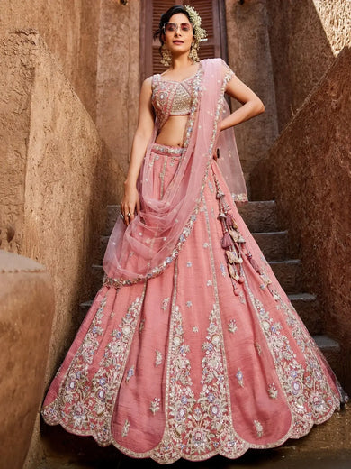 Precious Pink Embroidered Silk Bridesmaid Lehenga Choli With Dupatta - Ethnic Plus In