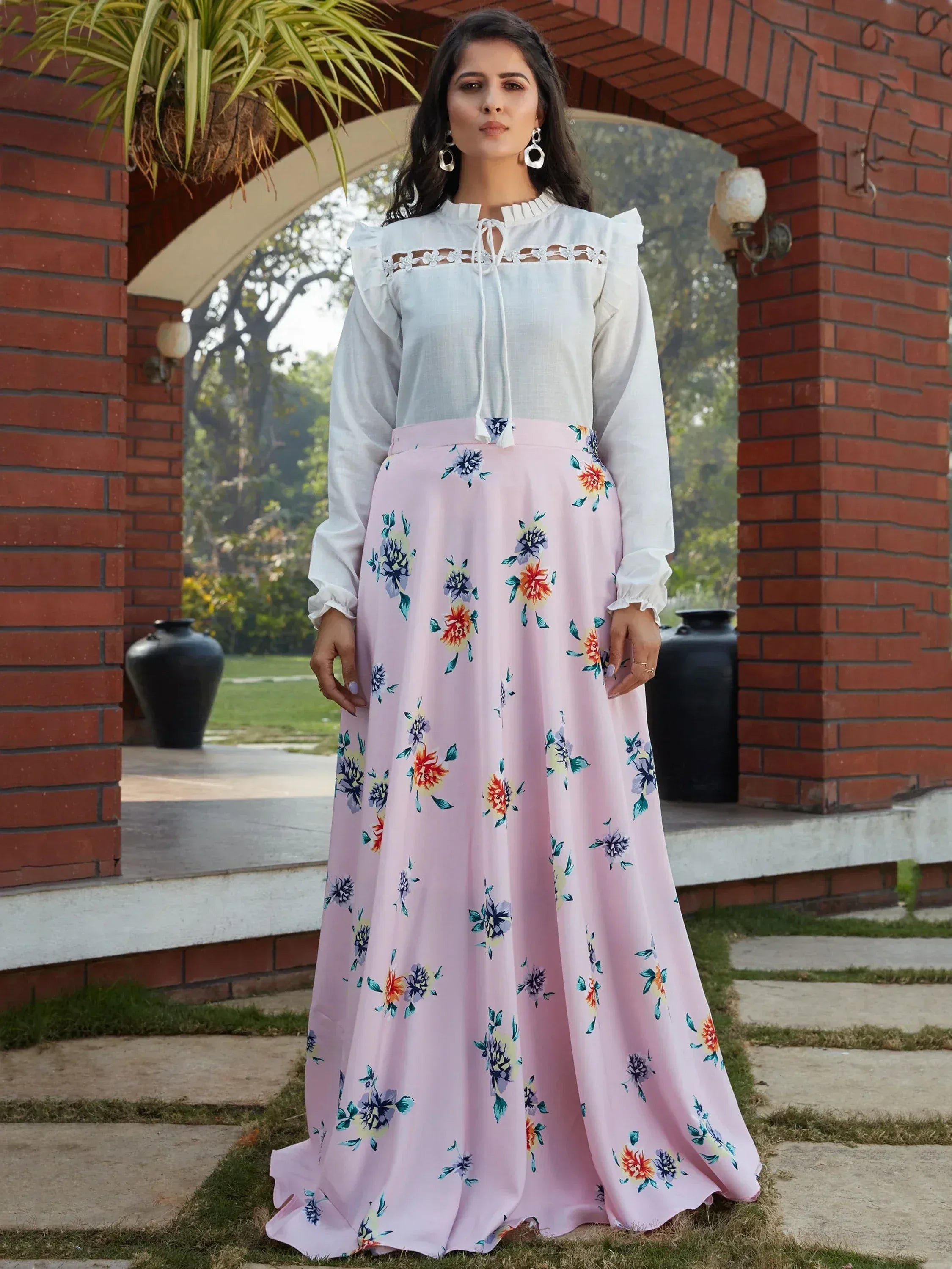 White ruffled top with pink floral skirt, ethnic wear for women