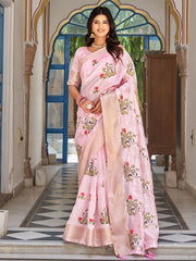Precious Pink Silk Thread Embroidered Traditional Saree With Blouse - Ethnic Plus In