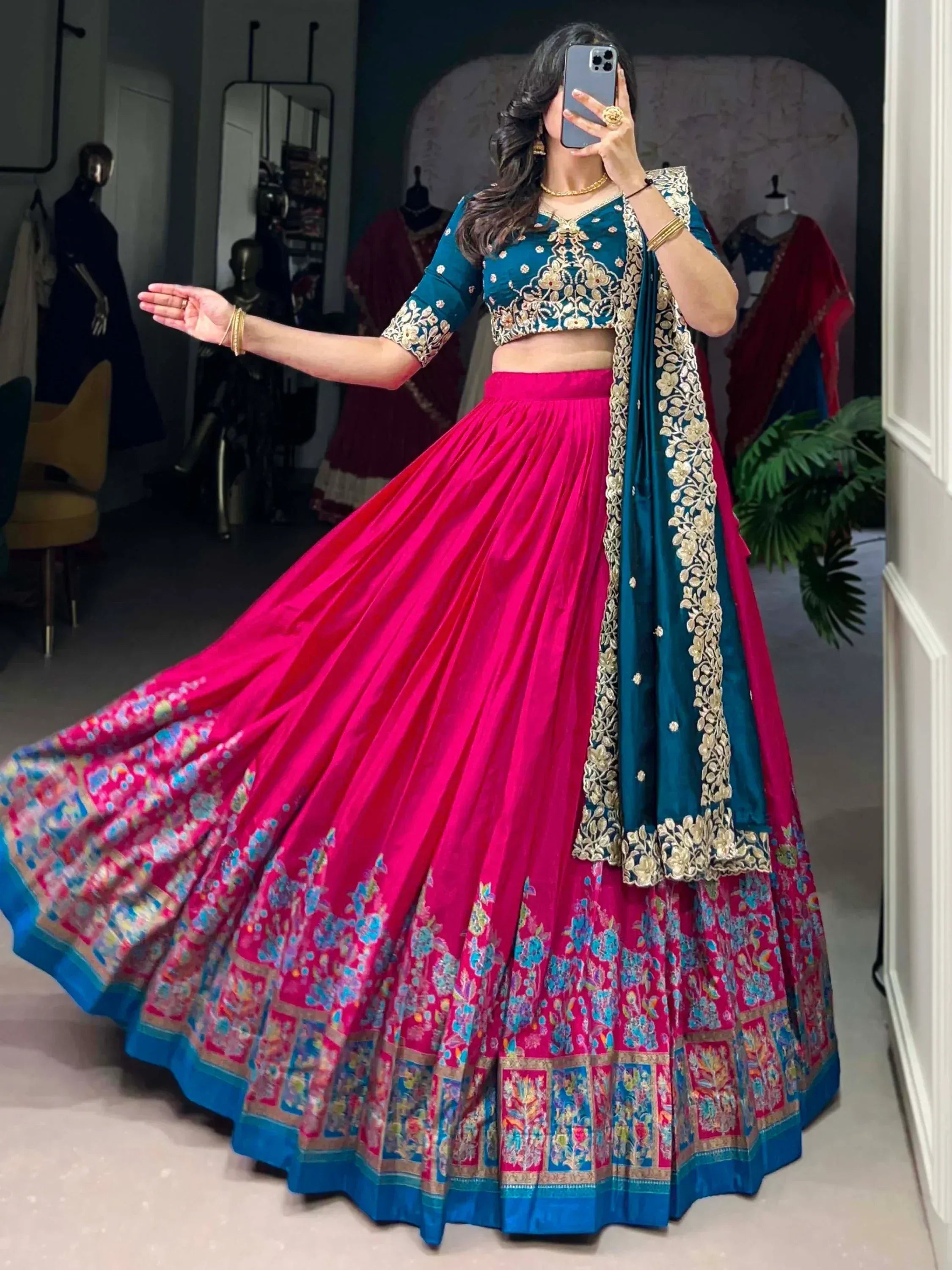 Teal and pink embroidered lehenga choli with floral dupatta, Indian ethnic wear for weddings and parties