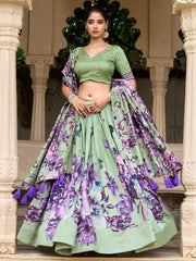 Precious Pista Green Floral Printed Silk Festival Wear Lehenga Choli - Ethnic Plus In