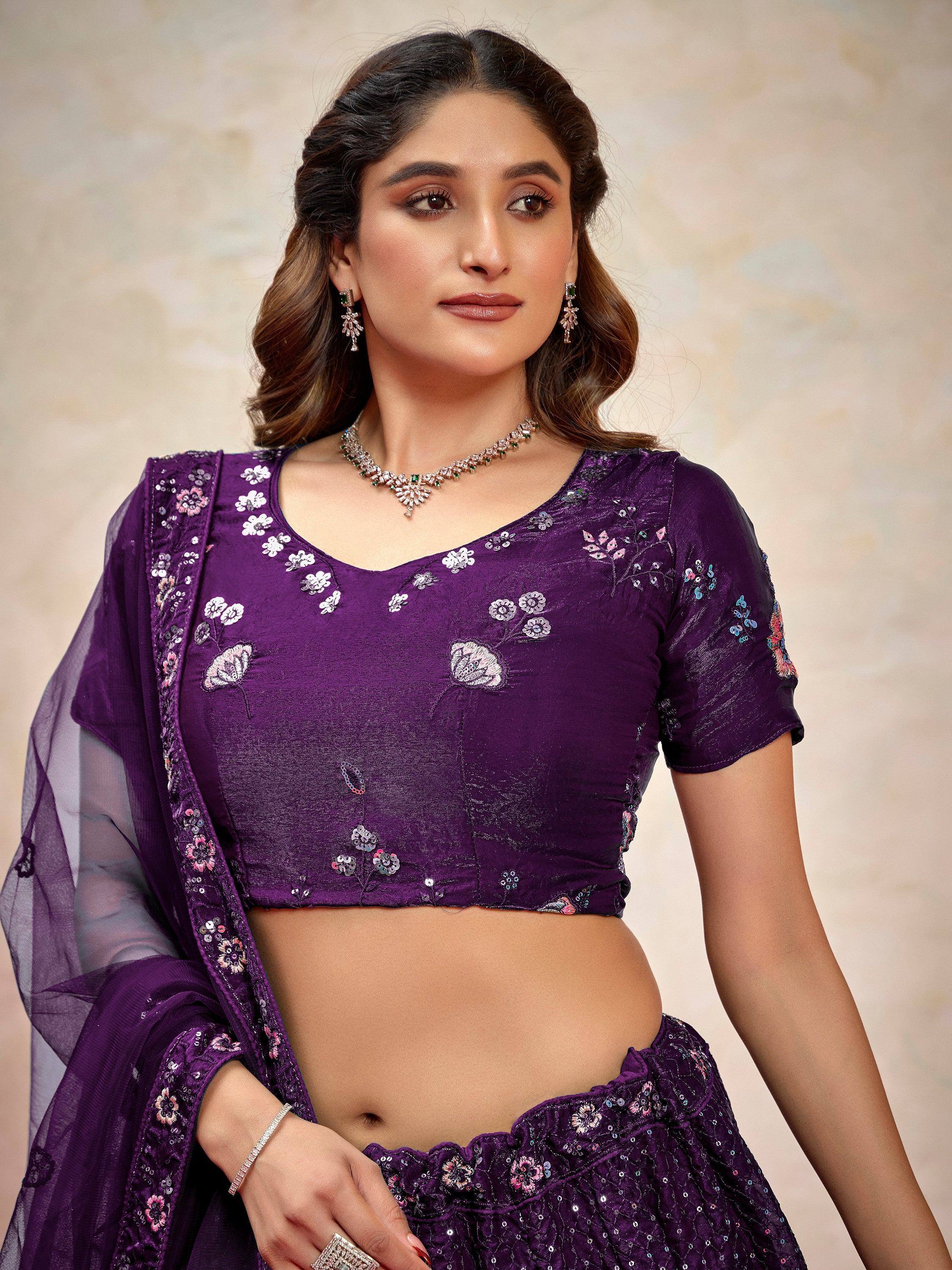 Purple floral embroidered lehenga choli with sheer dupatta, perfect for Indian ethnic wear events